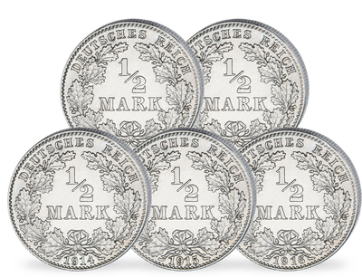 Die 1/2-Mark-Münzen der Kriegsjahre − 5er-Set 1/2 Mark Silber 1914-1918