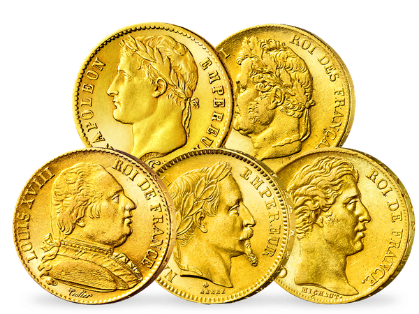 Das 5er-Set der 20-Francs-Goldmünzen