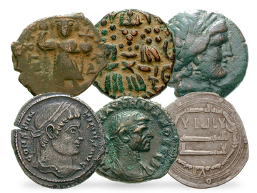 Sechs Münzen aus den Hochkulturen der Antike und des Mittelalters!