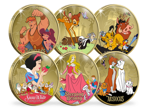 „Disney Classics“ – das 6er-Komplett-Set vergoldeter und farbveredelter Lizenzprägungen