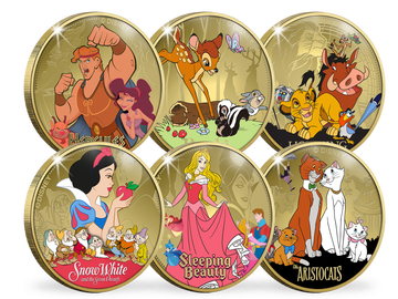 Märchenhaftes 6er-Komplett-Set „Disney Classics“: die Disney-Filmhelden auf offiziellen Lizenzprägungen mit 24-Karat-Gold-Veredelung und aufwendigem Farbdruck!
