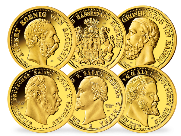 Die sechs Neuprägungen der seltensten und wertvollsten Goldmünzen des Deutschen Kaiserreichs im Komplettsatz