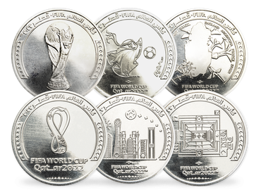 Die 8 offiziellen Basemetal-Gedenkmünzen Katars zum FIFA World Cup 2022™!	