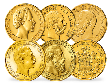 Ein Anlagesatz mit großem Wertsteigerungs-Potenzial: Sechs historische Original-Goldmünzen „Deutsches Kaiserreich“ von 1874-1913