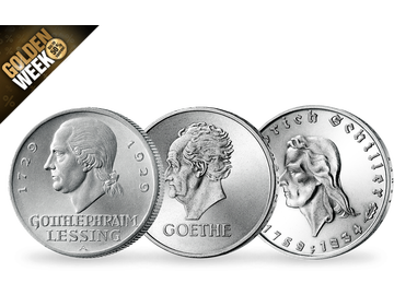 Exklusives Set: Die Schriftsteller Lessing, Goethe und Schiller auf drei historischen Silbermünzen!