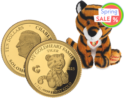 Kuscheliger Plüsch-Tiger mit Goldmünzen-Anhänger