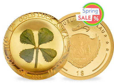 Glücksmünze aus reinstem Gold mit echtem 4-blättrigen Kleeblatt 2024
