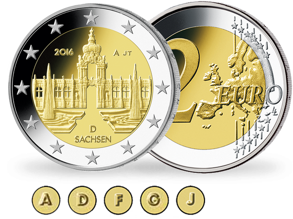 Der Komplettsatz mit allen fünf Prägezeichen (A, D, F, G und J) der 2-Euro-Gedenkmünze 2016 