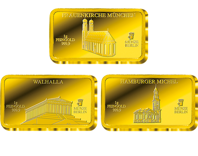 Deutsche Wahrzeichen auf Goldbarren					
