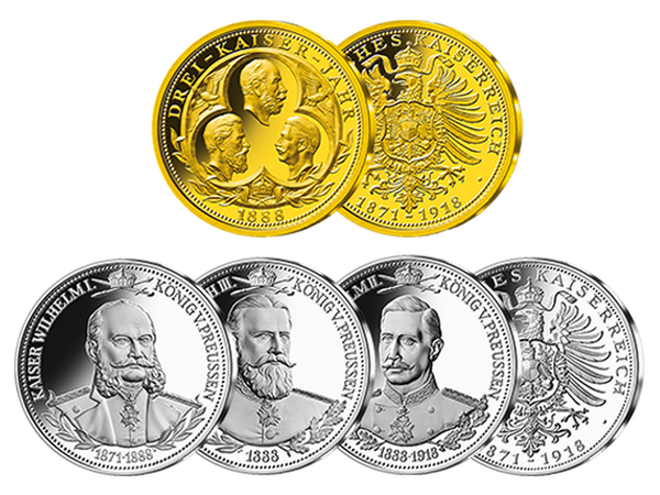 Zum Jubiläum „150 Jahre Deutsches Kaiserreich“: der exklusive 4er-Komplett-Satz „Das Drei-Kaiser-Jahr“ aus reinem Gold und Silber (999/1000)