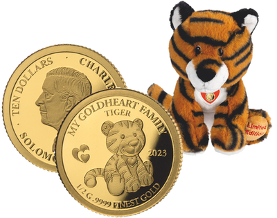 Kuscheliger Plüsch-Tiger mit Goldmünzen-Anhänger