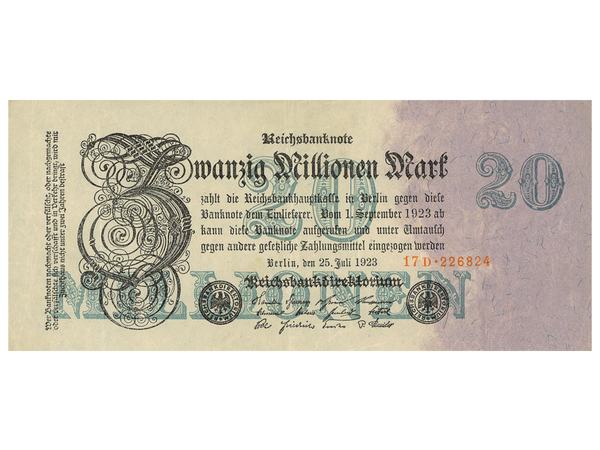 Echter Geldschein aus dem Inflationsjahr 1923: Die erste 20-Millionen-Mark-Banknote Deutschlands