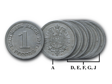 6er-Prägestätten-Komplettsatz Deutsches Kaiserreich 1 Pfennig 1917