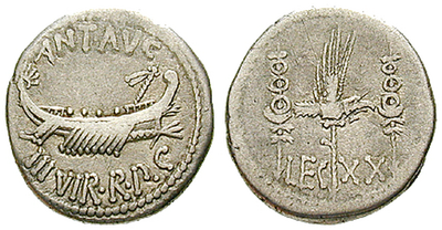 Der Flottendenar des Marc Anton − Römische Republik, Denar 32 v.Chr.