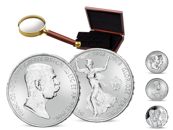 Erste historische Original-Münze ''60. Thronjubiläum von Kaiser Franz Joseph'' aus echtem Silber 