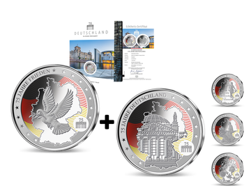 „75 Jahre Deutschland“ in Silber: 2-Startausgaben: „75 Jahre Deutschland“ + „75 Jahre Frieden“!