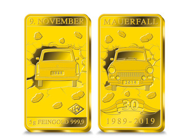Zum Jubiläum „30 Jahre Mauerfall“: der Gedenkbarren „Trabant“ aus 5 Gramm reinstem Gold (999,9/1000)!