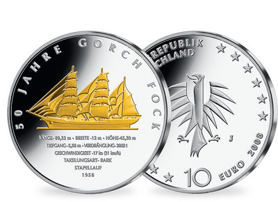Die teilvergoldete 10-Euro-Silberausgabe „50 Jahre Gorch Fock“ 2008!