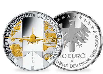 10-Euro-Ausgabe „100 Jahre Luftfahrtausstellung“ 2009 – teilvergoldet!