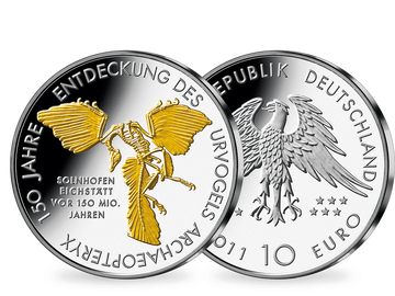 10-Euro-Ausgabe „150 Jahre Archaeopteryx“ von 2011 – teilvergoldet!