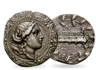 Die letzte Silbermünze des antiken Makedonien! − Tetradrachme um 160 v.Chr.
