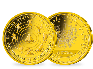 Zum Jubiläum „50 Jahre Deutsche Sporthilfe“: Die erste offizielle Benefiz-Gedenkprägung aus echtem Gold (585/1000)!