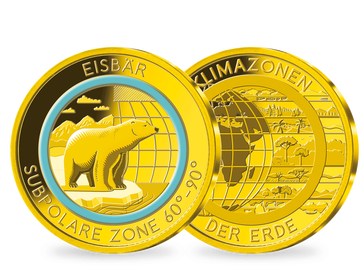 Die Gold-Gedenkprägung „Eisbär – subpolare Zone“ mit türkisfarbenem Farbring