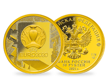 Aus Russland: Die Gold-Gedenkmünze zur UEFA EURO 2020™ in Originalverpackung!