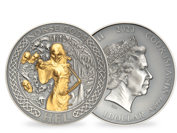 Die neue 2-Unzen-Silbermünze „Hel“ mit Gold- und Antik-Finish-Veredelung!