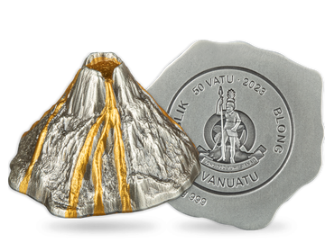 5-Unzen-Silbermünze in Vulkanform mit Gold- und Antik-Finish-Veredelung!