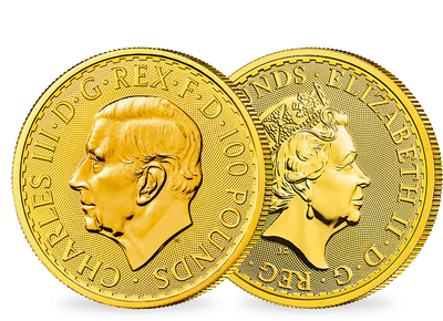 2er Set Gold-Britannia aus Großbritannien 2023 Queen Elizabeth II & King Charles III