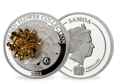 Monnaie d'une once d’argent pur avec une fleur de nénuphar dorée en or, effet 3D 