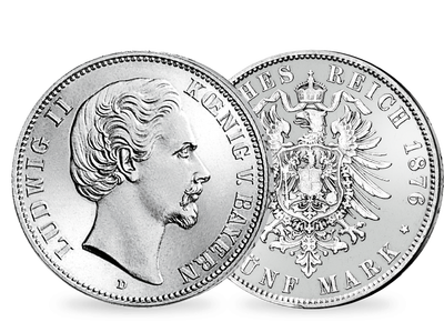 Der Märchenkönig in schwerem Silber − Bayern, Ludwig II. 5 Mark 1874-76