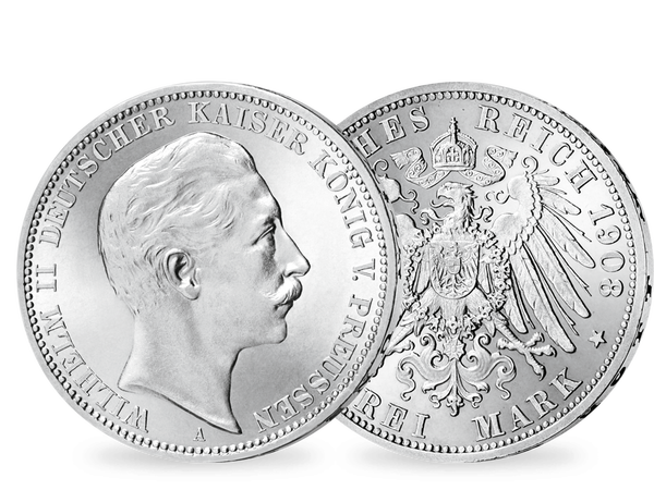 Die 3-Mark-Silbermünze des letzten deutschen Kaiser Wilhelm II.