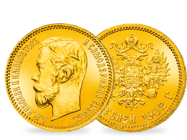 Die prägefrische 5-Rubel-Goldmünze von Nikolaus II.