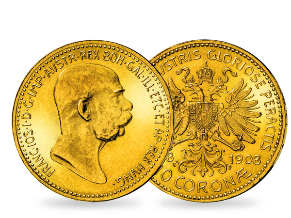 Die 1908 geprägte 10-Kronen-Goldmünze zum 60-jährigen Thronjubiläum von Kaiser Franz Joseph