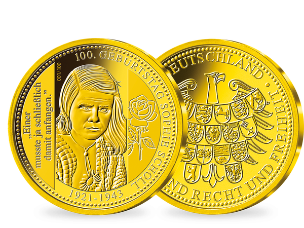 Die Gold-Jahresausgabe „100. Geburtstag Sophie Scholl“ aus der Münze Berlin