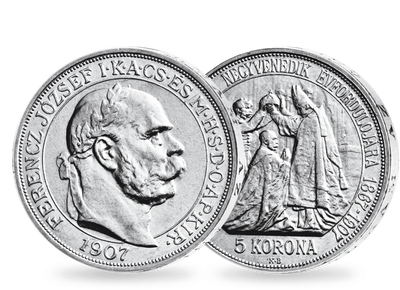 5-Korona-Silbermünze zum 40-jährigen Krönungsjubiläum von Kaiser Franz Joseph I. 
