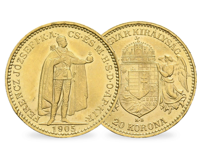 Original 20-Korona-Goldmünze von Kaiser Franz Joseph I. aus Ungarn