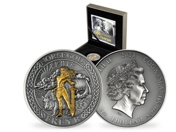 Die 2-Unzen-Silbermünze „Freyr“ mit Gold- und Antik-Finish-Veredelung!