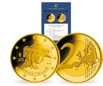 Pièce commémorative dorée de 2 Euros «550ème anniversaire de la mort de Donatello» Italie 2016