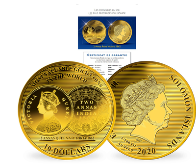 La monnaie 1/100 d'once or pur «2-Annas Reine Victoria 1862», grand diamètre: 45 mm !