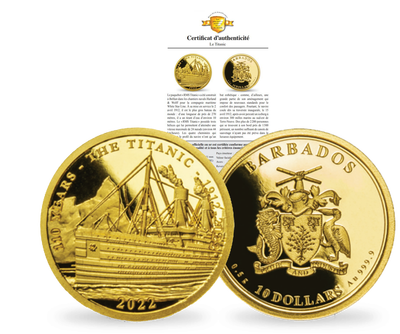 Les plus petites monnaies en or du monde: Monnaie de 10 Dollars en or pur «Le Titanic» 2022