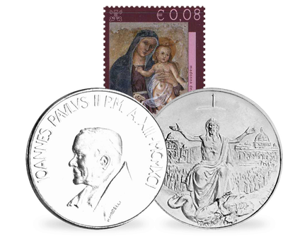 Set de 2 monnaies et 1 timbre du Vatican