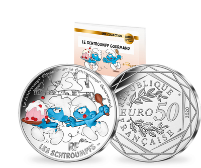 Monnaie de 50 Euros en argent massif colorisée «Les Schtroumpfs - Schtroumpf Gourmand» France 2020 - Vague 2