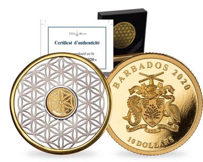 Monnaie-pendentif en or le plus pur et en argent  «Fleur de vie» Barbades 2020