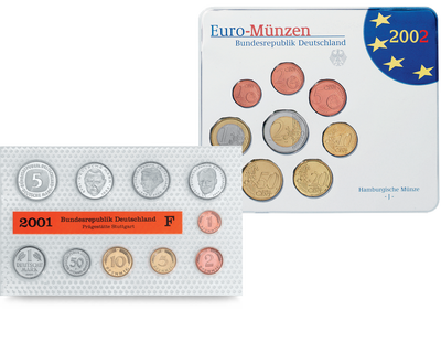 Der letzte DM-Kursmünzensatz 2001 und der erste Euro-Kursmünzensatz 2002