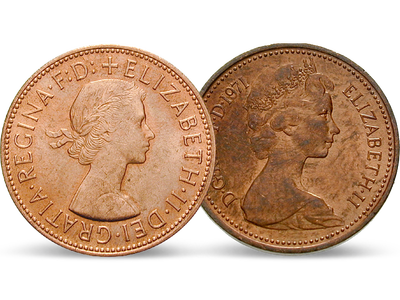 Währungswechsel in U.K. – alter und neuer Penny Elisabeth II.