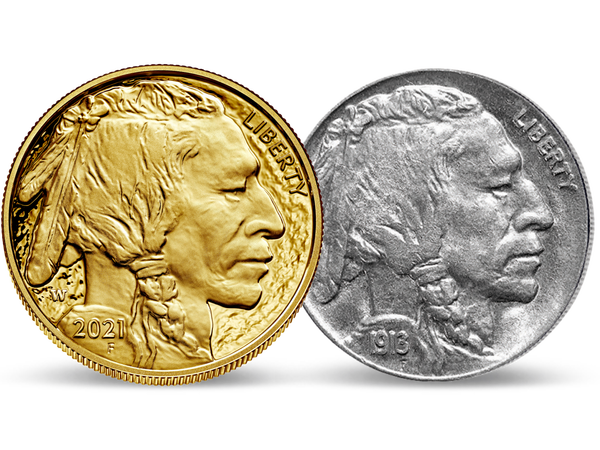 USA Gold-Buffalo 2021 mit Geschenk: 5 Cent Nickelmünze 1913