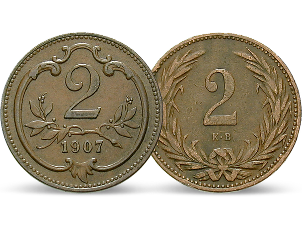 Das 2er-Set mit den 2-Heller- und 2-Filler-Münzen von Franz Joseph I.